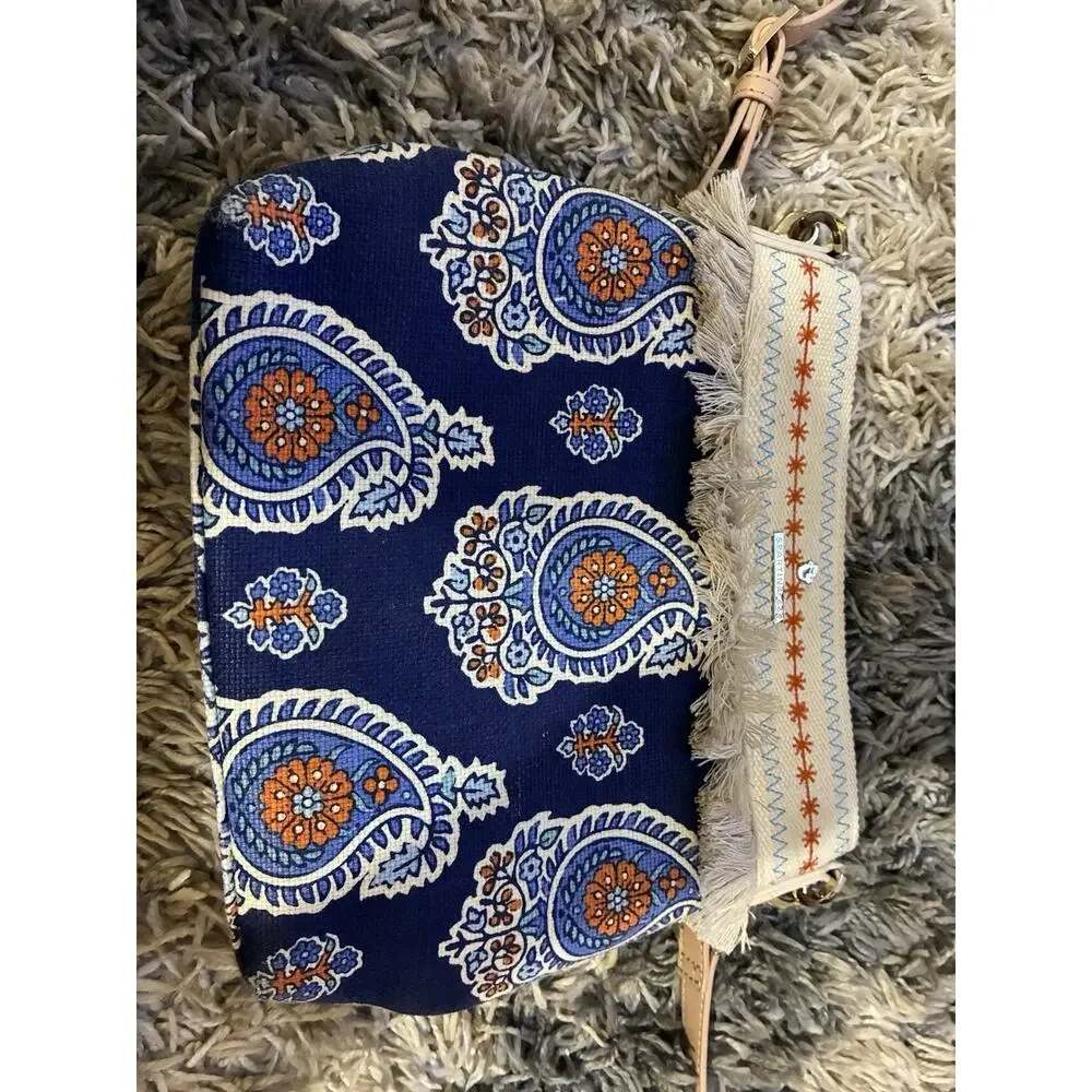 Spartina 449 Bag Purse Daufuskie Island Linen Leather Blue Orange Paisley Fringe